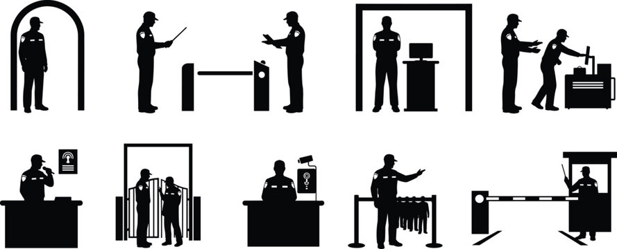 Airport security checkpoint silhouette set showing guard inspection, metal detector scanning, baggage screening, ID verification, entrance control and security staff monitoring.