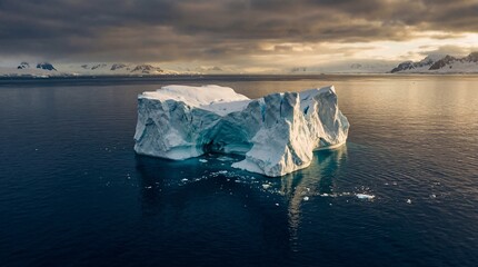 Majestic Iceberg Floating in Arctic Waters during a Dramatic Orange Sunset