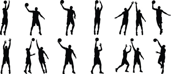 Basketball player silhouettes collection showing athletes dribbling jumping shooting and blocking isolated on white background sport action set © MSTMONIRA