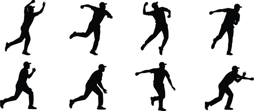 Baseball player silhouettes set showing pitcher throwing ball action poses isolated on white background sport competition training athlete movement collection
