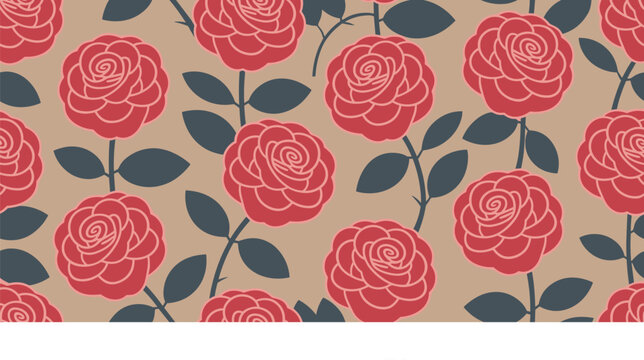Red roses and dark leaves on tan background seamless pattern