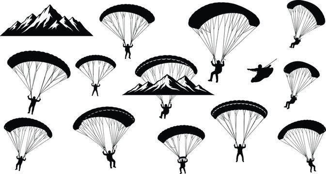 Black silhouette paraglider and skydiver icons set with mountain landscape, extreme adventure sports symbols for skydiving, paragliding, and outdoor recreation. (20 words)