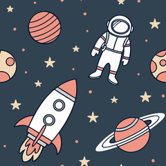 Fototapeta premium Cute Cartoon Space Seamless Pattern Astronaut Rocket Planets Stars