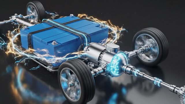 Detailed illustration of an electric car's powertrain, showcasing the battery pack, motor, and drivetrain components with glowing energy.
