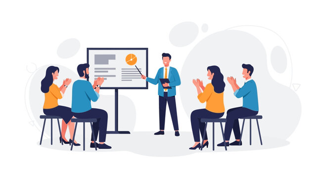 Business meeting presentation, speaker explaining chart to clapping audience, flat illustration