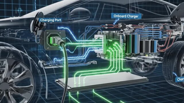 Detailed schematic illustration of an electric car's internal components and charging system, highlighting the battery pack and power flow.