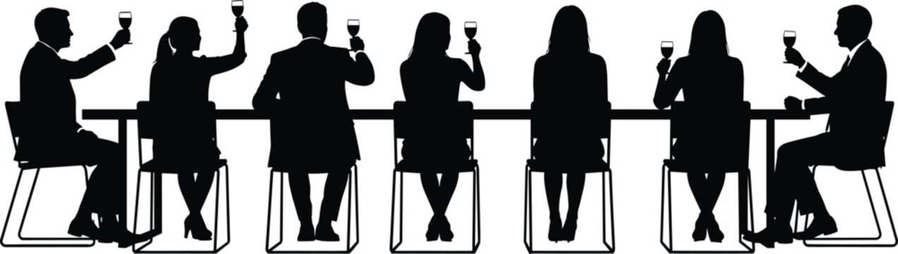Business people toasting with wine glasses at dinner table silhouette collection, men and women celebrating together isolated on white background for party, meeting concept