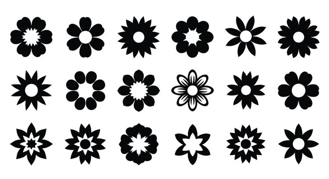 Diverse designs of stylized black and white floral patterns with varying petal shapes