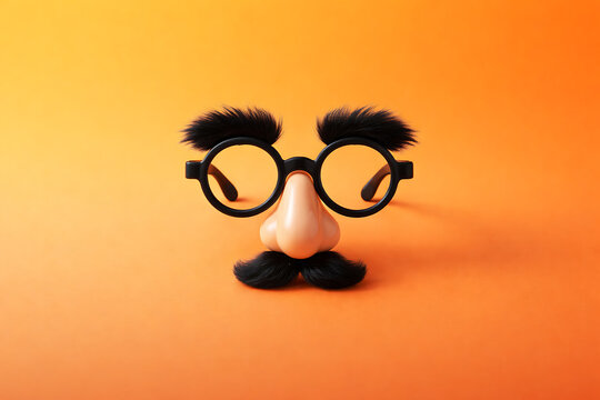 Funny disguise glasses with bushy eyebrows and a big nose with mustache isolated on an orange background for a humorous celebration of april fools day