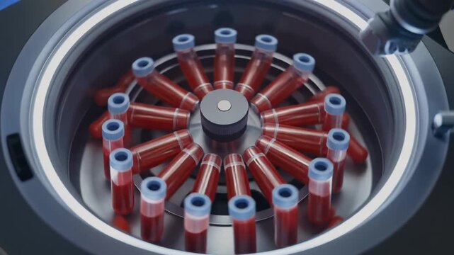 Laboratory Centrifuge Featuring Circular Rotor with Red Liquid Tubes Depicting Scientific Precision and Medical Research Progress

