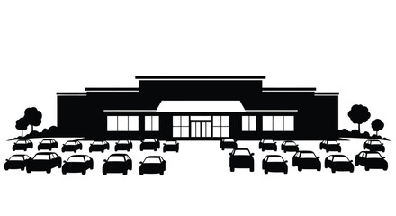 Black silhouette of a building and parking lot with multiple cars silhouette © Rabbi