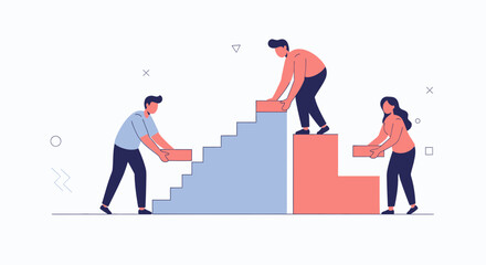 Obraz premium Teamwork building stairs, collaboration, progress, success, business growth concept