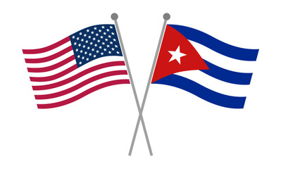 Crossed national flags of United States and Cuba on flagpoles representing diplomatic relations, international partnership and geopolitical cooperation vector illustration