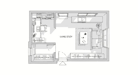 Modern house floor plan featuring a living study area, kitchen, and open-concept design, on an isolated white background.