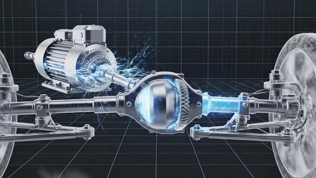 Close-up 3D render of an electric motor connected to a vehicle's drivetrain and axle, with glowing blue energy.