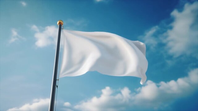 White Fabric Flag Flying Against Clear Blue Sky Realistic Wind Motion