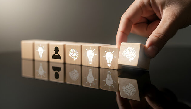 &ldquo;Hand Placing Wooden Blocks with Icons &ndash; Building Blocks of Security, Growth & Strategy&rdquo;

