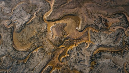 Revealing braided meandering channels winding through coastal estuary mudflats, with oxbow islands