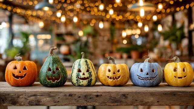 室内で多彩な南瓜ランタンが横一列に並ぶ風景