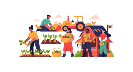 Fototapeta premium Agriculture Teamwork: Farmers Harvesting Organic Produce, Tractor, and Farm Stand. Modern Flat Vector Illustration.