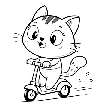 Cute cartoon cat riding a scooter smiling happily with motion lines on checkered background