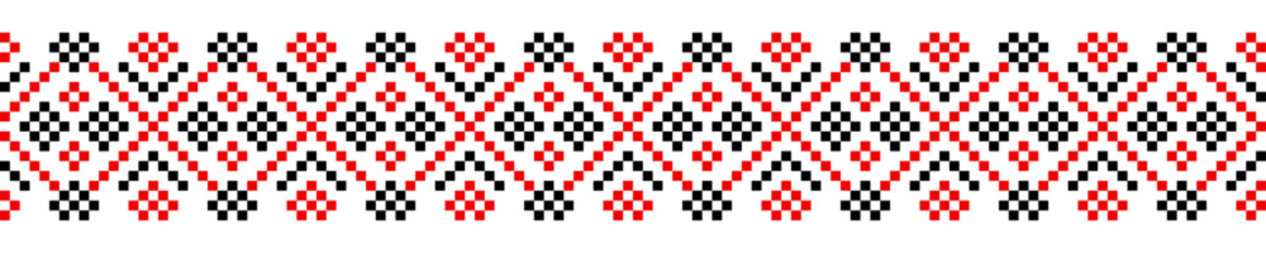 Traditional geometrical ornament border, Ukrainian Vyshyvanka embroidery in black and red colors, seamless vector pattern