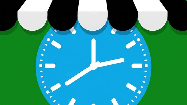 Animated clocks under shop awnings on green background representing time management deadlines and business hours motion