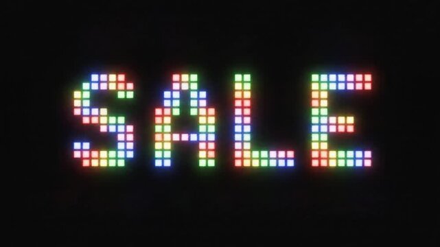 Digital glitch effect displaying the word sale in vibrant rainbow rgb colors on a dark background retro technology