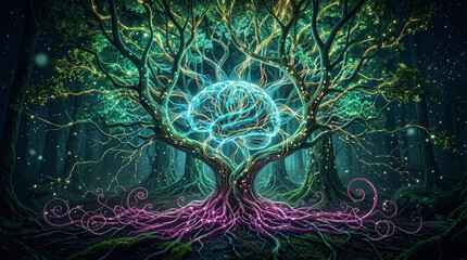 Fototapeta premium Glowing Brain Tree in Mystical Forest with Neural Network Branches and Roots Concept Art
