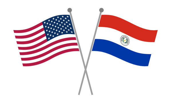 Crossed national flags of United States and Paraguay on flagpoles representing diplomatic relations, international partnership and geopolitical cooperation vector illustration