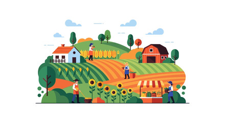 Obraz premium Rural Farm Landscape Illustration with Farmers Working and Selling Produce at Local Market Stand. Agriculture and Harvest Vector Concept.