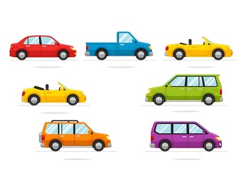 Fototapeta premium Collection of seven diverse cartoon vehicles including sedans convertibles trucks and SUVs isolated on white background