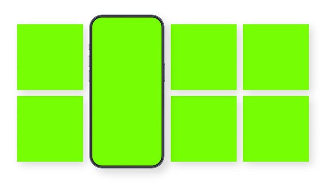 Animated smartphone mockup with square social media post frames, isolated on white background. Template for presenting mobile content, digital advertising and promotional designs