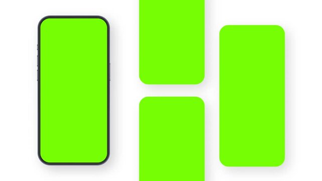 Animated smartphone mockup with blank mobile app screens on white background. Template for presenting user interface design, mobile applications, digital content