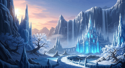 Majestic Ice Palace in Frozen Mountain Valley at Sunset © Hilmi