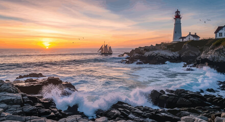 Obraz premium Scenic Coastal Lighthouse at Sunset with Sailing Ship