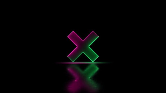 Glowing neon cross mark icon video motion animation on black background, symbolizing error, cancel, wrong, or close actions. Glow mask cross animation. Cross animation. 4k video animation