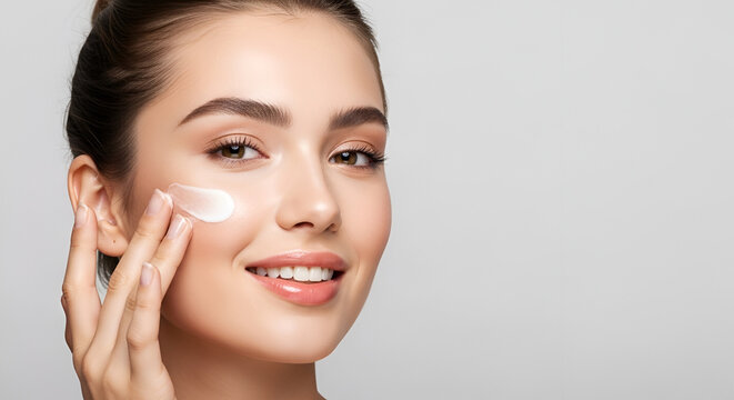 Beauty woman applying cream on face for skincare hydration cosmetic routine healthy glow smiling female portrait natural skin care treatment concept