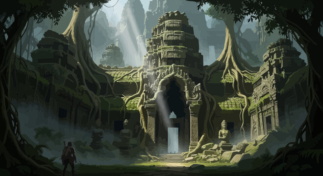 Ancient Temple Ruins in Jungle with Mysterious Portal