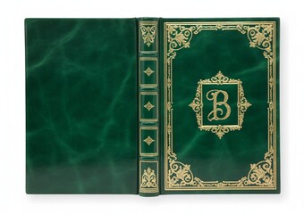 Green leather book with gold embossed letter B isolated on a transparent background