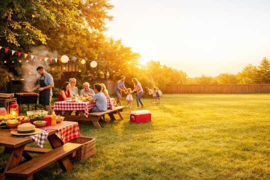 Multi-generational family enjoying a summer barbecue party in the backyard at sunset