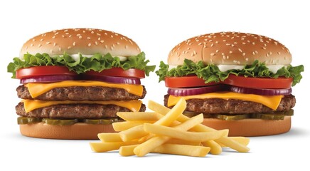 Two Double Cheeseburgers and French Fries isolated on a transparent background