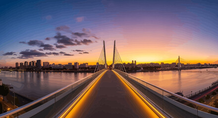 Fototapeta premium Modern Cable Stayed Bridge Over River at Sunset Cityscape