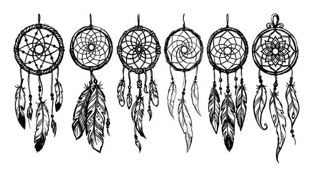 Collection of detailed hand-drawn dreamcatchers adorned with various feathers and intricate web patterns.