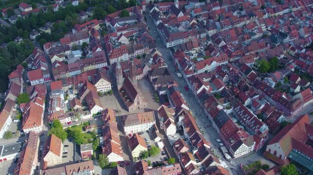 Aerial panoramic view of the old town city Villingen-Schwenningen on a cloudy  noon in spring in Germany, Baden-W&uuml;rttemberg