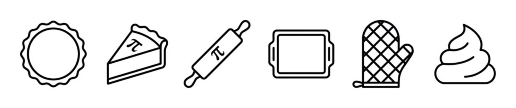 Set of baking and pie-making icons including a pie crust, a slice of pie, a rolling pin, a baking tray, an oven mitt, and whipped cream.
