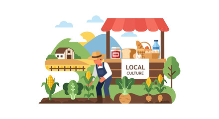 Naklejka premium Local Culture Farm Stand Illustration: Farmer Tending Organic Crops for Farmers Market Produce Sales and Sustainable Agriculture