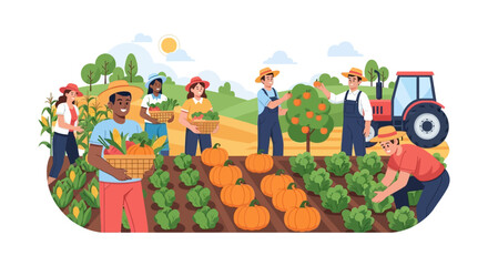 Fototapeta premium Diverse Farm Team Harvesting Fresh Organic Produce. Agricultural Workers Collecting Vegetables and Fruits in a Sunny Field Illustration.