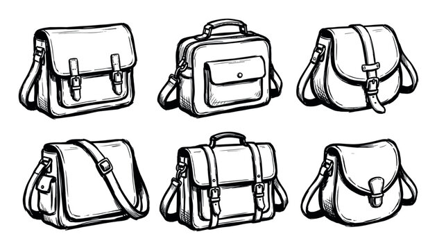Hand-drawn collection of various messenger bags and satchels with buckles and straps, showcasing different styles and designs.