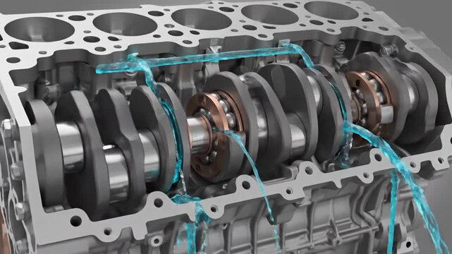 Detailed 3D rendering of a modern internal combustion engine crankshaft assembly with lubrication system.